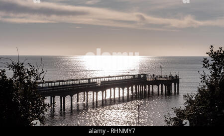 Boscombe, Dorset, UK. 3 février 2019. Météo France : lumineux et ensoleillé du matin d'hiver à la plage de Boscombe. La célèbre jetée est découpé sur le brillant soleil du matin à la station côtière de Boscombe. Credit : DWRAlamy Live News Banque D'Images