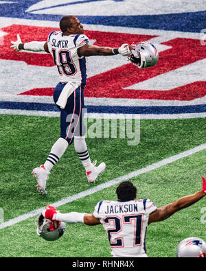 Atlanta, Georgia, USA. 06Th Feb 2019. New England Patriots receveur Matthew Slater (18) durant le Super Bowl XVI/B entre les Los Angeles Rams et les New England Patriots le dimanche 3 février 2019 au Stade Mercedes-Benz à Atlanta, GA. Jacob Kupferman/CSM Crédit : Cal Sport Media/Alamy Live News Banque D'Images