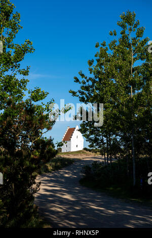 Le Sand-Covered Église entourée par des arbres à Skagen, Jutland, Danemark. Banque D'Images