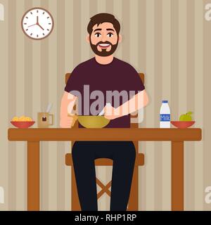 L'homme de consommer des aliments, heureux homme barbu assis à la table et le déjeuner, manger, à caractère d'illustration vectorielle style cartoon Illustration de Vecteur