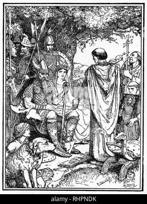 Saint Augustin prêchant à Ethelbert. Par Henry Justice Ford (1860-1941). Augustin de Canterbury (premier tiers du 6th siècle-604) était un moine bénédictin qui devint le premier archevêque de Canterbury en l'an 597. Il est considéré comme l'apôtre des Anglais et fondateur de l'Eglise anglaise. Le roi Æthelberht s'est converti au christianisme et a permis aux missionnaires de prêcher librement, et leur a donné des terres pour fonder un monastère. Banque D'Images