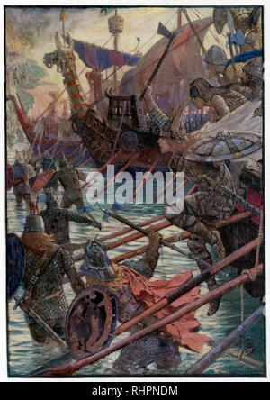 Le débarquement des Danois. Par Henry Justice Ford (1860-1941). Les raids viking ont commencé en Angleterre à la fin du 8th siècle, principalement sur des monastères. Banque D'Images