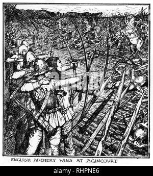 Le tir à l'arc anglais gagne à Agincourt. Par Henry Justice Ford (1860-1941). La bataille d'Agincourt (Azincourt) fut une grande victoire anglaise dans la guerre de cent ans. Elle a eu lieu le 25th octobre 1415, dans le comté de Saint-Pol, Artois, à 40 km au sud de Calais. Banque D'Images