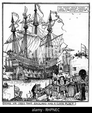 Henry VIII voit que l'Angleterre a une bonne flotte. Par Henry Justice Ford (1860-1941). Henry Grace à Dieu (le Grand Harry) était le vaisseau amiral d'Henry VIII. Henry Grace à Dieu (« Henry, grâce à Dieu »), également connu sous le nom de Grand Harry, était un wagon anglais ou « grand navire » de la flotte du roi. Banque D'Images