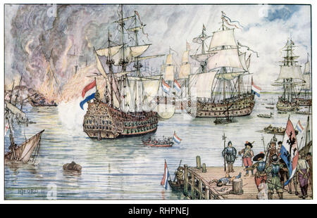 Les Hollandais à Medway. Par Henry Justice Ford (1860-1941). Le RAID sur le Medway (bataille de Medway), lors de la deuxième guerre anglo-hollandaise en juin 1667, a été une attaque réussie menée par la marine hollandaise la Royal Navy britannique. Banque D'Images