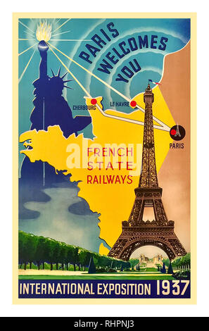 EXPOSITION FRANÇAISE VINTAGE 1937 Les voyages d'affaires de l'Exposition internationale de l'affiche de 'Paris' vous accueille des chemins de fer de l'État français EIFFEL TOWER PARIS FRANCE INTERNATIONAL EXPO 1937 par Hilden Banque D'Images