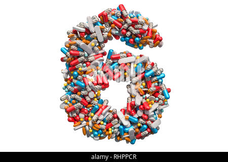 Numéro 6 de médicament comprimés, gélules, comprimés. Le rendu 3D isolé sur fond blanc Banque D'Images