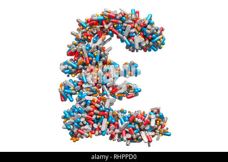 Symbole de la livre sterling depuis la médecine pilules, gélules, comprimés. Le rendu 3D isolé sur fond blanc Banque D'Images