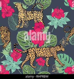 Motif de la main transparente colorée croquis léopard style avec des plantes tropicales et de fleurs. Vector illustration.