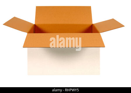 Ouvrez la boîte de carton blanc avec intérieur marron isolé sur fond blanc. Copier l'espace. Banque D'Images