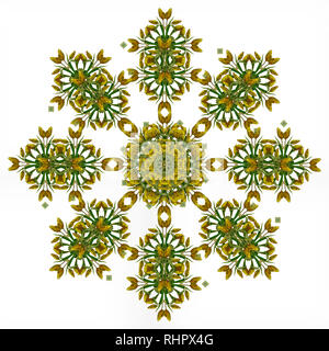 Fine art et décoration floral motif couleur fractale symétrique faite de macros de vert foncé jaune tulipes rouges sur fond blanc,Peinture,vintage Banque D'Images