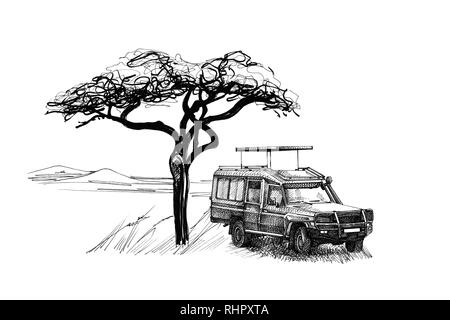 La commande de jeu près d'un arbre en Afrique. Illustration à la main. Collection d'illustrations faites à la main (originaux, pas de traces) Banque D'Images