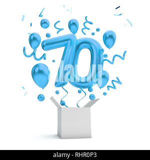 Heureux 70e anniversaire ballon surprise bleu et fort. Le Rendu 3D Banque D'Images