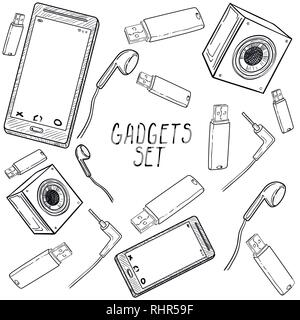 Ensemble de gadget à la main des icônes avec la manette de jeu, téléphone, tablette, pc, carte flash, écouteurs, montres et autres Illustration de Vecteur