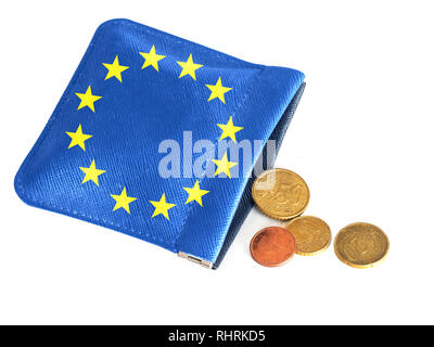 Sac à main de l'UE presque vide, à court d'argent, d'euros. La crise financière, bancaire, l'Europe, Italie etc. Concept, métaphore. Banque D'Images