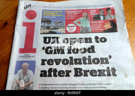 J'ai première page de journal titre "UK ouvert aux aliments GM 'révolution' après Brexit' London England UK 14 Septembre 2018 Banque D'Images