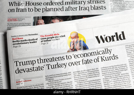 'Trump menace de "économiquement dévaster' la Turquie au sort des Kurdes' Guardian article de journal dans la région de London England UK Banque D'Images