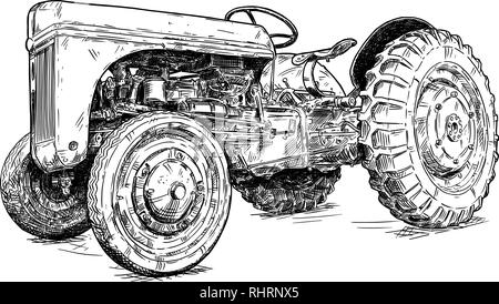 Dessin animé ou style bande dessinée Dessin de vieux tracteur rouge Vintage ou