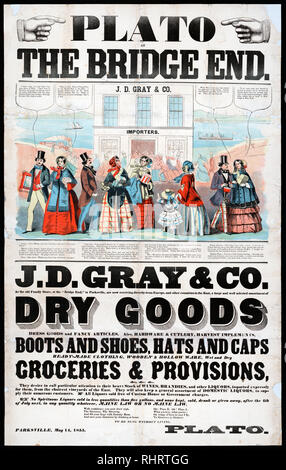 Imprimer montre une grande annonce avec les hommes et les femmes à l'extérieur "J[ames] D. Gray & Co. Importateurs' avec leurs achats, comme d'autres course à l'entrée dans le magasin à l'arrière-plan, montre aussi l'arrivée du chemin de fer sur la gauche et les paquebots sur une rivière au loin. Banque D'Images