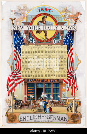 Publicité poster et calendrier pour l'année 1887 pour New York Daily News, montrant une rue animée en face de la scène 'Daily News', avec un crieur en haut Banque D'Images