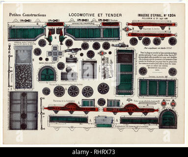 Découpe impression montrant dessins pour une locomotive à vapeur et du charbon car avec les chiffres pour l'ingénieur et du charbon d'offres. Affiche également le programme de conception pour la construction à petite échelle découpe de papier. Banque D'Images