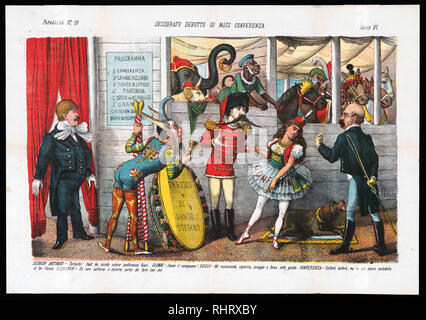 Caricature politique italien montre les artistes de cirque se prépare à mettre sur un spectacle, the ringmaster 'Signor Antonio', marqués 'Autriche', annonce que le public est en attente, un clown avec une cloche est étiqueté "Francese", il est penché sur un petit trampoline marqués 'Trattato di Santo Stefano', le leader du groupe marqués 'Russ' est de flirter avec une jeune femme nommée 'Conferenz', qui tenant une cravache, un chien couché à ses pieds est étiqueté "Turco", et Otto von Bismarck, comme le lion tamer, est debout sur la droite. Banque D'Images