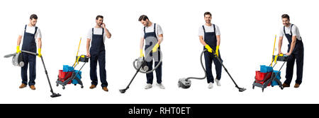 Collage de beau nettoyant en uniforme bleu se déplace, aspirateurs et parler sur smartphone pushcart isolated on white Banque D'Images