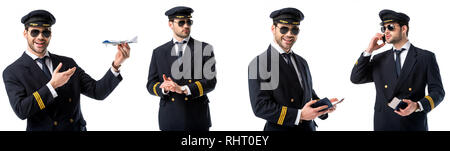 Collage de beau pilote en uniforme noir holding toy avion, passeport et parler sur smartphone isolated on white Banque D'Images