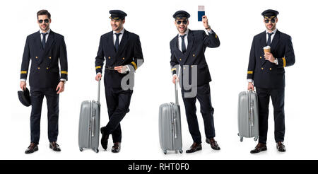 Collage de beau pilote en uniforme noir debout avec valise, passeport et tasse de café isolated on white Banque D'Images