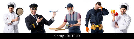 Collage de bel homme montrant différentes professions isolated on white Banque D'Images