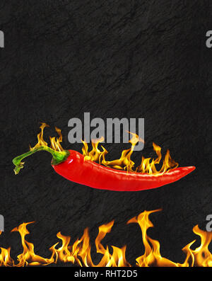 Red hot chili pepper sur fond noir avec flamme, illustration Banque D'Images