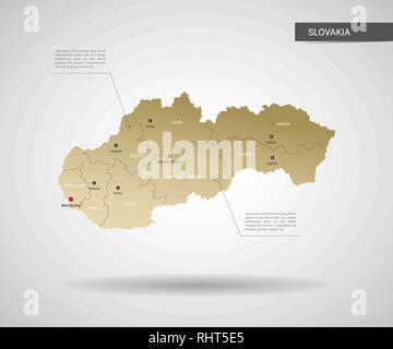 Vecteur stylisé Slovaquie carte. L'infographie 3d gold site illustration avec les villes, les frontières, les capitaux, les divisions administratives et de l'aiguille, les marques de l'ombre ; Illustration de Vecteur