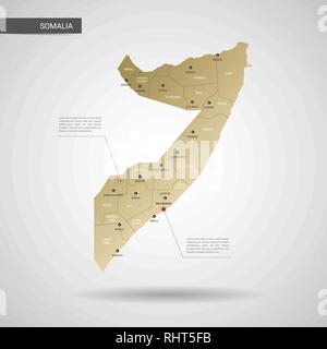 Vecteur stylisé Somalie carte. L'infographie 3d gold site illustration avec les villes, les frontières, les capitaux, les divisions administratives et de l'aiguille, les marques de l'ombre ; Illustration de Vecteur