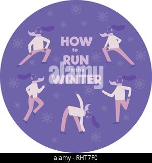 Ensemble de personnes, hommes et femmes, courir en hiver, télévision cartoon vector illustration isolé. Groupe de femmes en marche, jogging en hiver Illustration de Vecteur