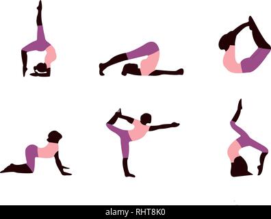 Icônes de la femme dans les différentes postures de yoga pour tournée vers le flexible, fort et détendue de la colonne vertébrale. Jeu de silhouettes de yoga couleur isolé sur fond blanc. Illustration de Vecteur