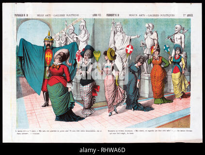 Caricature politique italien montre Otto von Bismarck debout sur la gauche avec ses bras écartés et drapé d'une cape pour cacher la vue de statues dans le 'Salon Delle Republiche' galerie à un musée. Partant de la droite dans une ligne sont six femmes étiquetés (de gauche à droite) 'Russie', 'Germania', 'Autriche', 'Italia', 'Spagna' et 'Grecia' ; ils passent des statues marqués 'Monarchia', 'Feudalismo" et "ispotismo'. Bismarck raconte les femmes de ne pas regarder l'emocratiche «» tribune car les statues va les faire rougir de honte. Banque D'Images