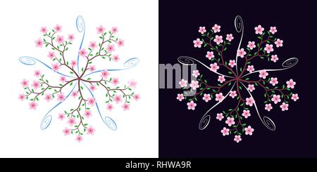 Sakura blossom avec boucles calligraphiques, blooming cherry tree avec 5 branches de répéter. Décoration radiale vecteur ornement floral, rond avec débit rose Illustration de Vecteur