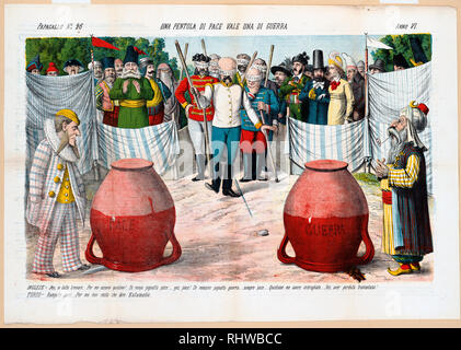 Caricature politique italien montre un groupe d'hommes dans le centre de l'arrière-plan, ils ont les yeux bandés les délégués du congrès de Berlin, dans l'avant est Otto von Bismarck marqués 'Prusse', derrière lui, c'est Alexandre Gorchakov marqués 'Russie' et Gyula Andrássy marqués 'Autriche', d'autres dans le groupe sont marqués 'Italie', 'Italia', et 'Spagna'. Banque D'Images