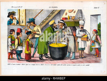 Caricature politique italien montre l'intérieur d'une cuisine avec un grand chaudron de soupe marqués 'Asia' au centre ; penché sur le pot sont deux hommes, sur la gauche un homme russe s'appuie sur une grande louche marqués 'Vittoria", demande-t-il un anglais debout en face s'il aime cette soupe orientale. Banque D'Images