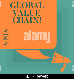 La main conceptuel montrant Chaîne de valeur mondiale. Texte photo d'affaires activités montrant impliqués dans la production du bien ou du service Silhouette de couleur Banque D'Images