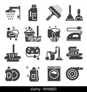 Gris icons set de nettoyage. Blanchisserie, éponge et aspirateur signes. Un lave-linge. Illustrations vectorielles Illustration de Vecteur