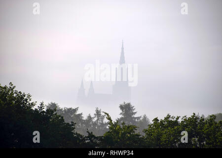 Clocher le plus élevé dans le monde entouré par le brouillard la cathédrale d'Ulm en Allemagne, Ulm Minster dans la brume du matin Banque D'Images