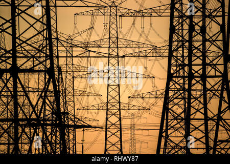 04 février 2019, en Rhénanie du Nord-Westphalie, Pulheim : poteaux d'électricité se tenir sur un champ au lever du soleil. Photo : Federico Gambarini/dpa Banque D'Images