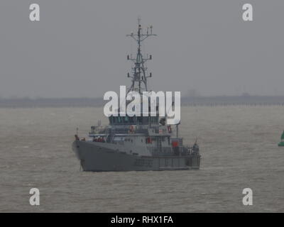 Sheerness, Kent, UK. 4 Février, 2019. Coupe-bordure active vigilance HMC ancré à Sheerness Kent en ce matin. HMC Vigilant est l'un des quatre 42 m (138 ft) cutters exploité par la UK Border Agency. Credit : James Bell/Alamy Live News Banque D'Images