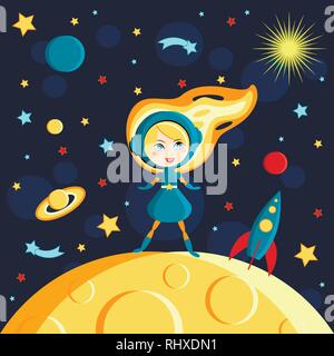 Fille sur la lune. La lune, le Soleil, Saturne, la terre, les autres planètes, comètes Stars rocket space Cartoon style Illustration de Vecteur