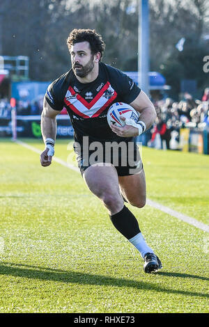 3 février 2019 , Terrain de sport Trailfinders, Londres, Angleterre ; Betfred Super League, ronde 1, London Broncos vs Wakefield Trinity ; Rhys Williams (2) de London Broncos en action Crédit : Craig Thomas/News Images Banque D'Images