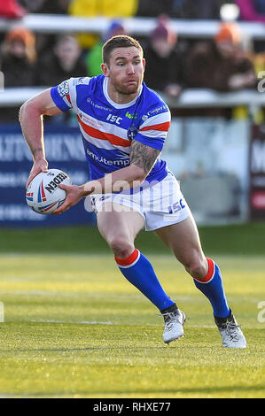 3 février 2019 , Terrain de sport Trailfinders, Londres, Angleterre ; Betfred Super League, ronde 1, London Broncos vs Wakefield Trinity ; Tyler Randell (13) de Wakefield Trinity en action Crédit : Craig Thomas/News Images Banque D'Images