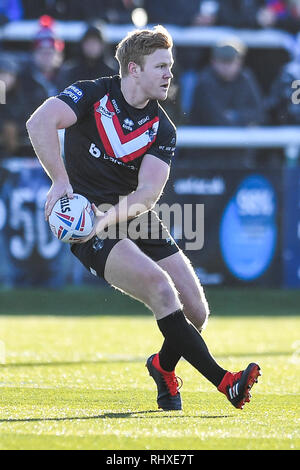 3 février 2019 , Terrain de sport Trailfinders, Londres, Angleterre ; Betfred Super League, ronde 1, London Broncos vs Wakefield Trinity ; James Cunningham (7) de London Broncos Crédit : Craig Thomas/News Images Banque D'Images