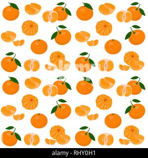 Le mandarin, la mandarine, la clémentine avec des feuilles sur fond blanc. Fond d'agrumes. Modèle sans couture. Vector Illustration Illustration de Vecteur