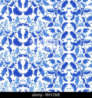 Bleu carreaux portugais traditionnels ornement Azulejo, Vector Seamless Pattern avec feuilles, de boucles et de feuillage stylisé. Illustration de Vecteur